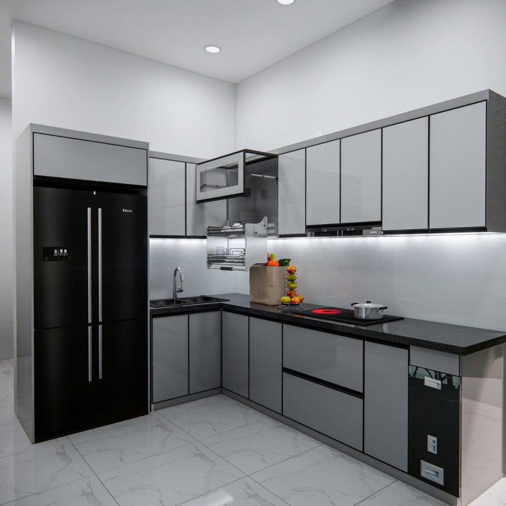 tủ bếp kính khung inox